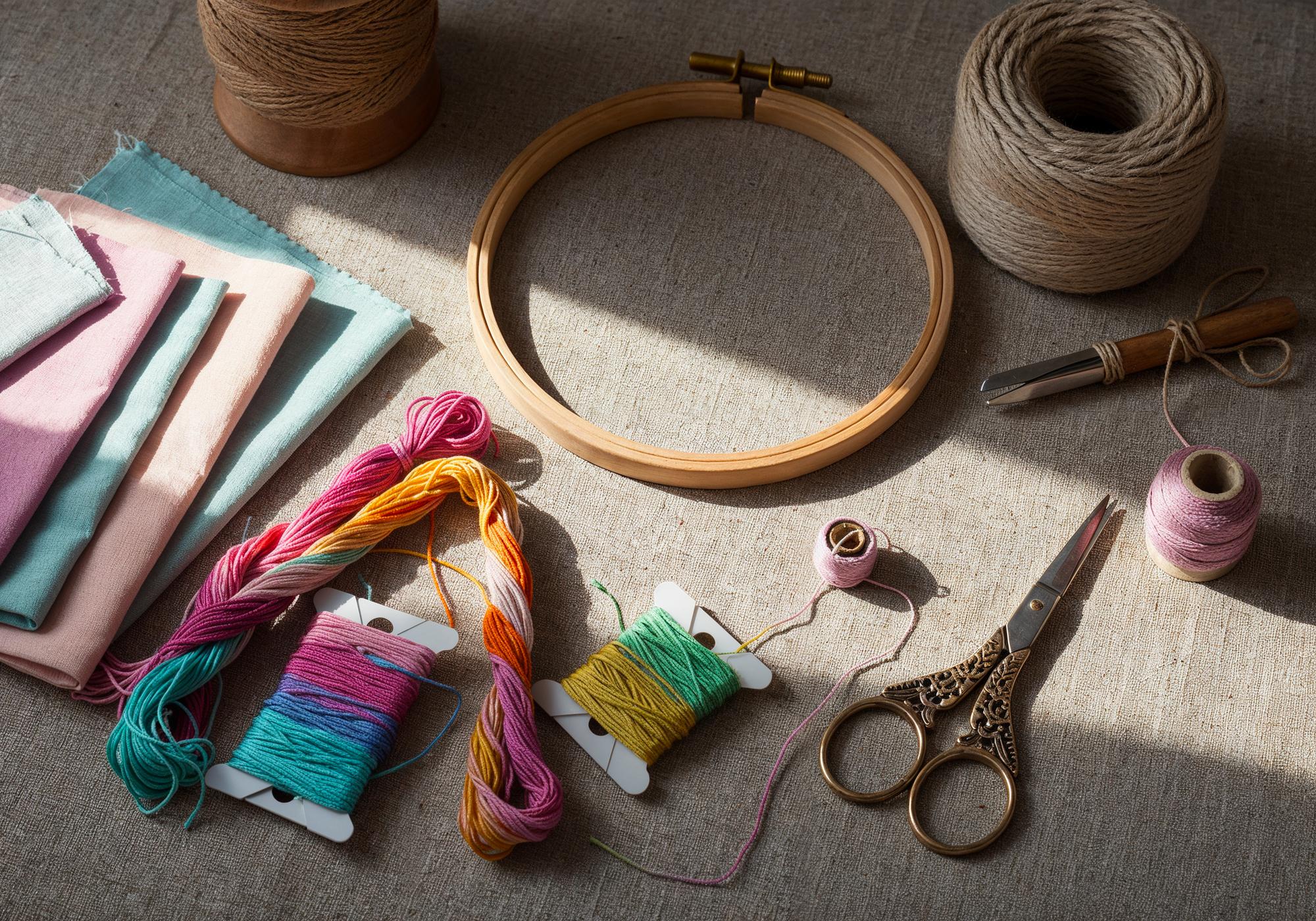 Atelier workspace with threads and hoops